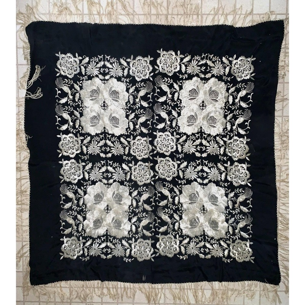 Antique Black Ivory Silk Floral w Peacocks Embroidered Manila Fashion Shawl READ